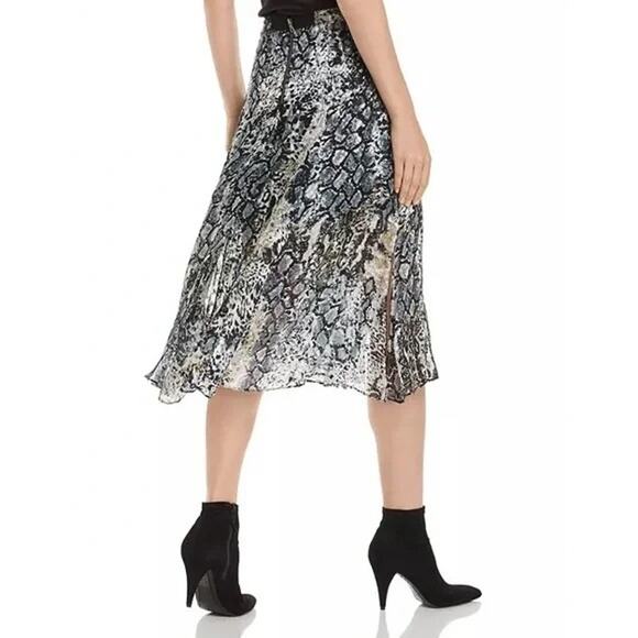 Alice + Olivia Athena Midi Skirt Snakeskin Sheer Slit Flowy | Black White | SZ 6 - Picture 3 of 12